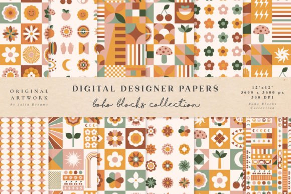 Boho Blocks Seamless Patterns 70s