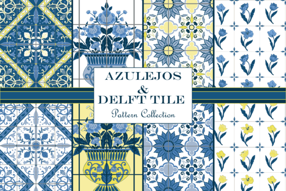 Delft Tile Seamless Patterns, Blue White