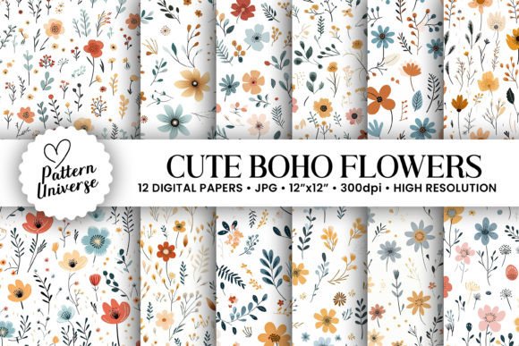 Minimal Boho Flowers Seamless Patterns
