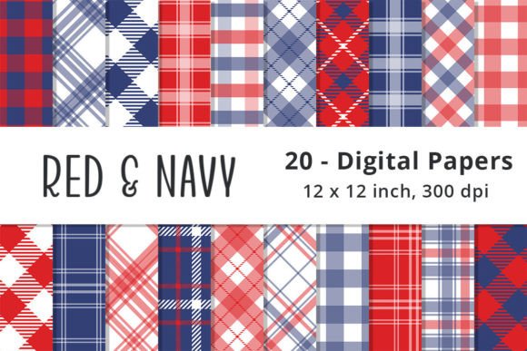 Navy Blue and Red Plaid Digital Patterns