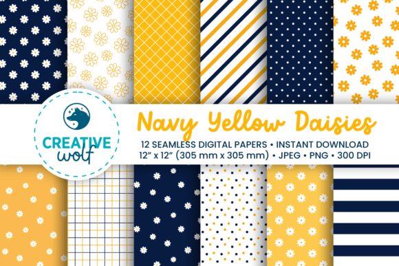 Navy Yellow White Daisies Patterns